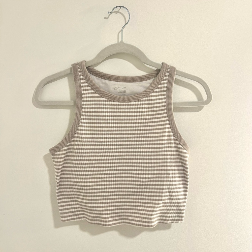 Aerie Cream and White Fitted Crop Tank Top